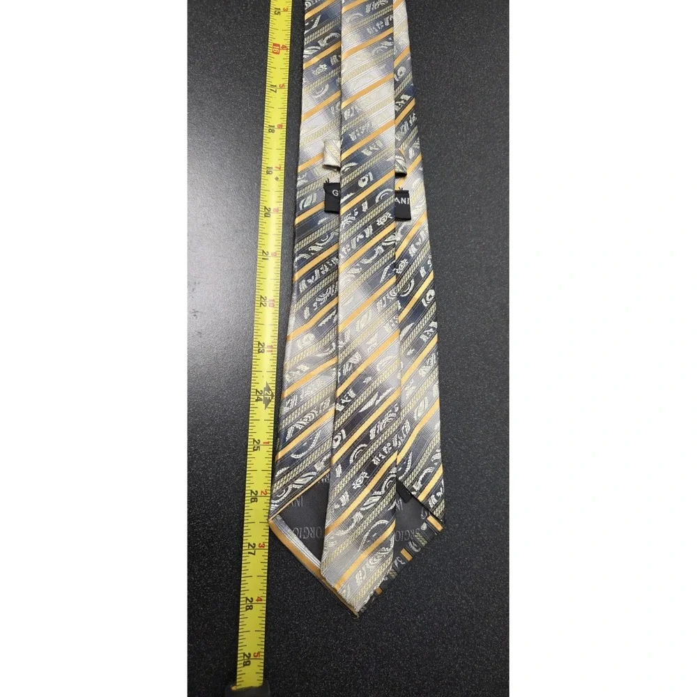 New GIORGIO ARMANI‎ Luxury Gray Gold Striped 100% Silk Mens Necktie Career Italy